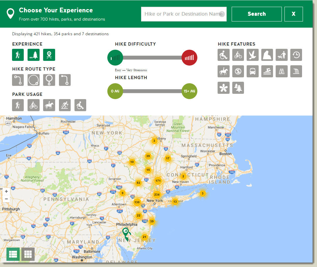 Website Experience Finder Filters and Map